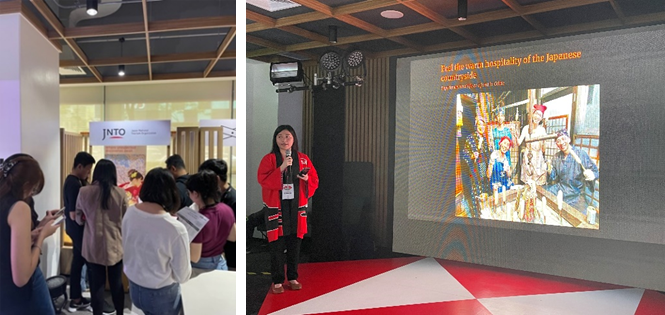 日本航空と香港上海銀行共催イベントにおける、マニラ事務所のインフォメーションデスクと、来場者向け訪日観光プレゼンテーションの様子 写真
